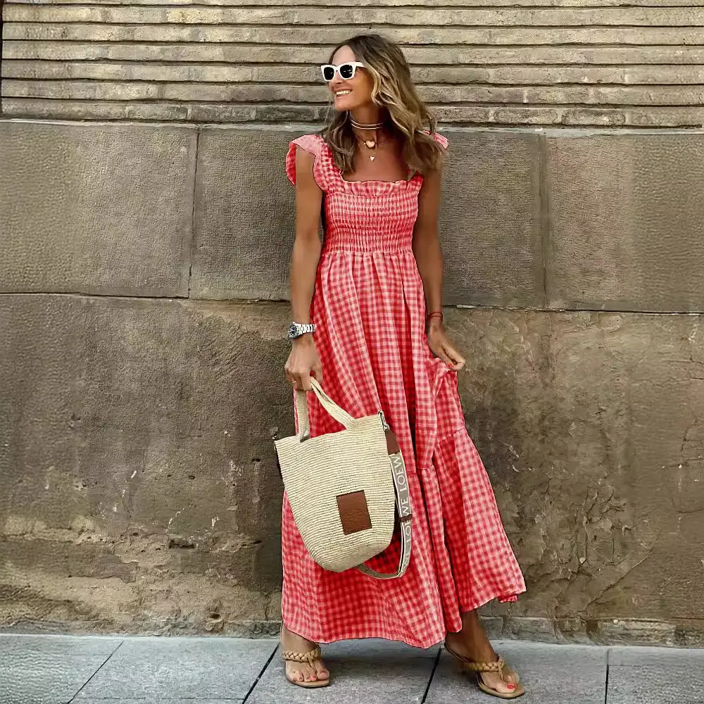 Women's Red Checkered Collar Dress with Elastic Swing - Image 5