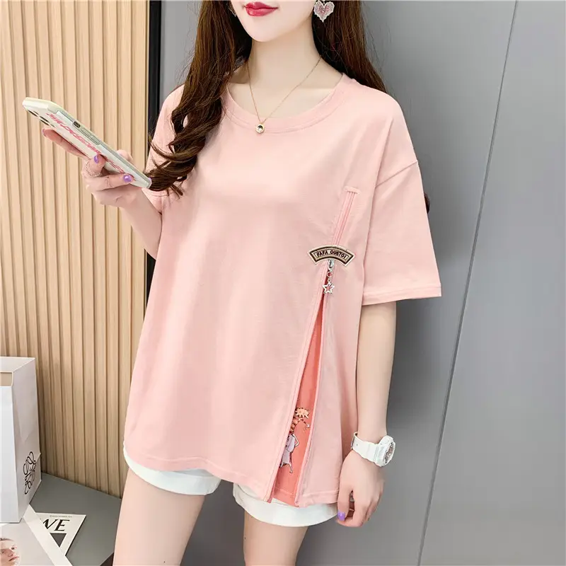 Women Summer Asymmetrical Zipper T-Shirt Light Blue Large - Image 4