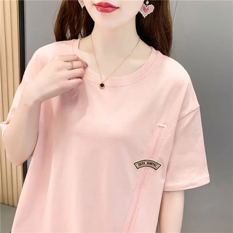 Women Summer Asymmetrical Zipper T-Shirt Light Blue Large - Image 5