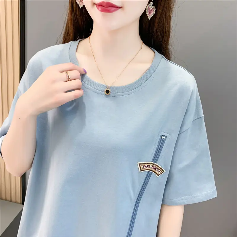 Women Summer Asymmetrical Zipper T-Shirt Light Blue Large - Image 6