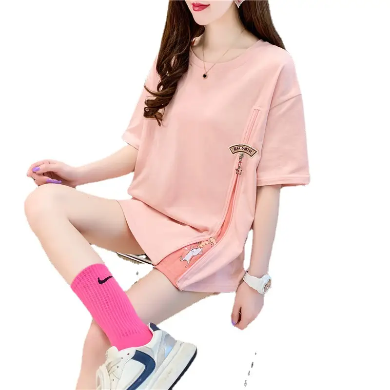 Women Summer Asymmetrical Zipper T-Shirt Light Blue Large - Image 7