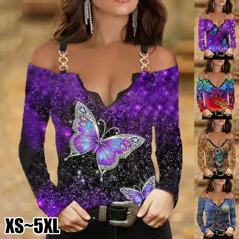 2023 V-Neck Long Sleeve Off-Shoulder Women's Top Purple Butterfly Print - Image 6