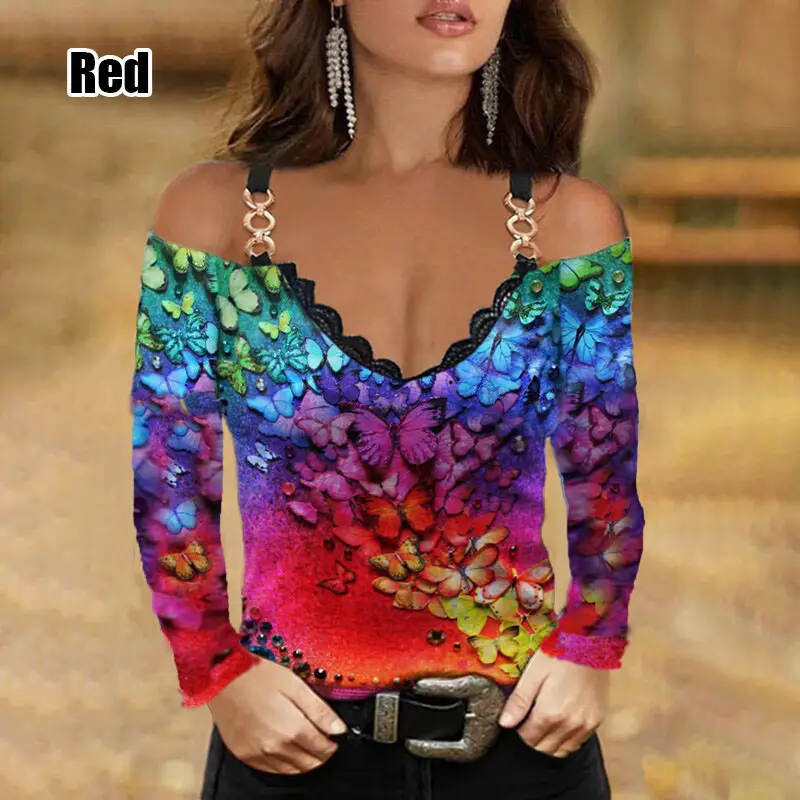 2023 V-Neck Long Sleeve Off-Shoulder Women's Top Purple Butterfly Print - Image 2