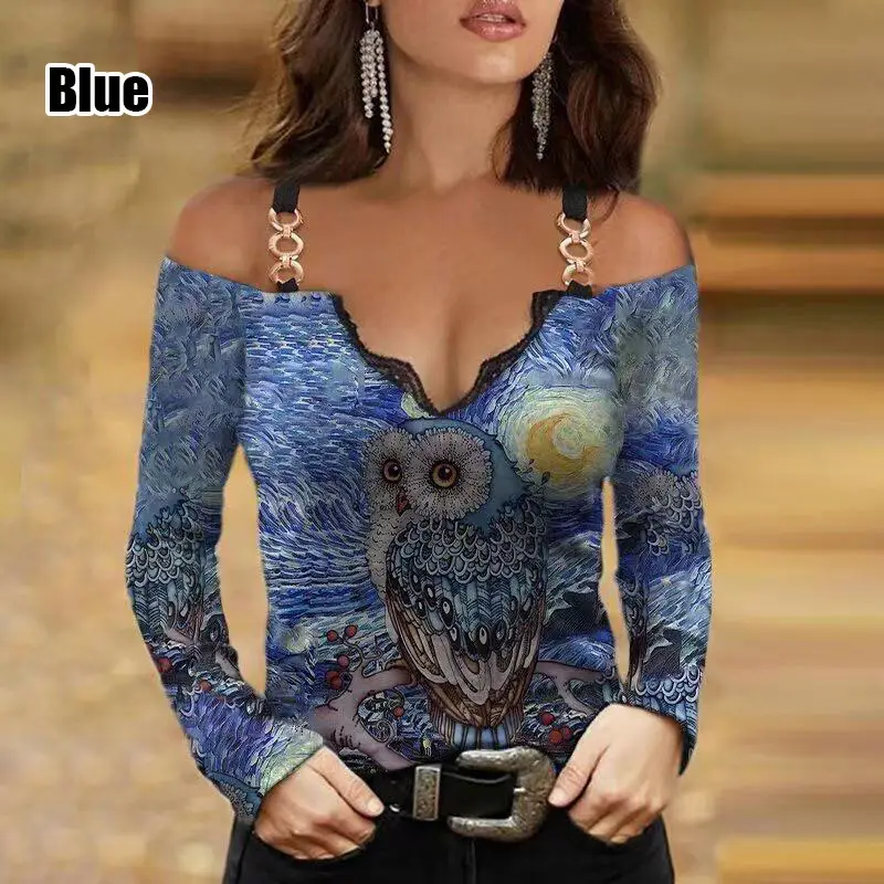 2023 V-Neck Long Sleeve Off-Shoulder Women's Top Purple Butterfly Print - Image 3