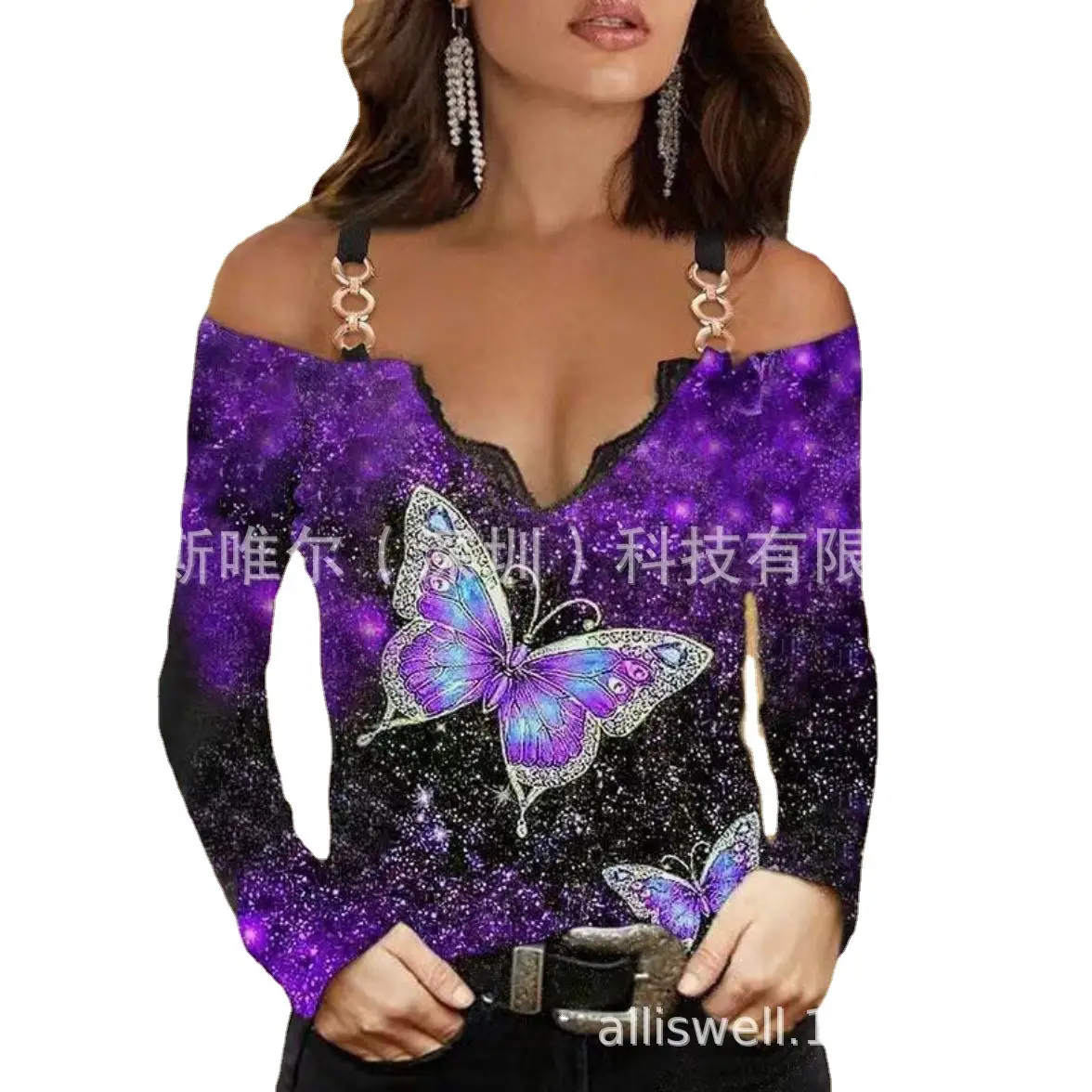 2023 V-Neck Long Sleeve Off-Shoulder Women's Top Purple Butterfly Print - Image 7