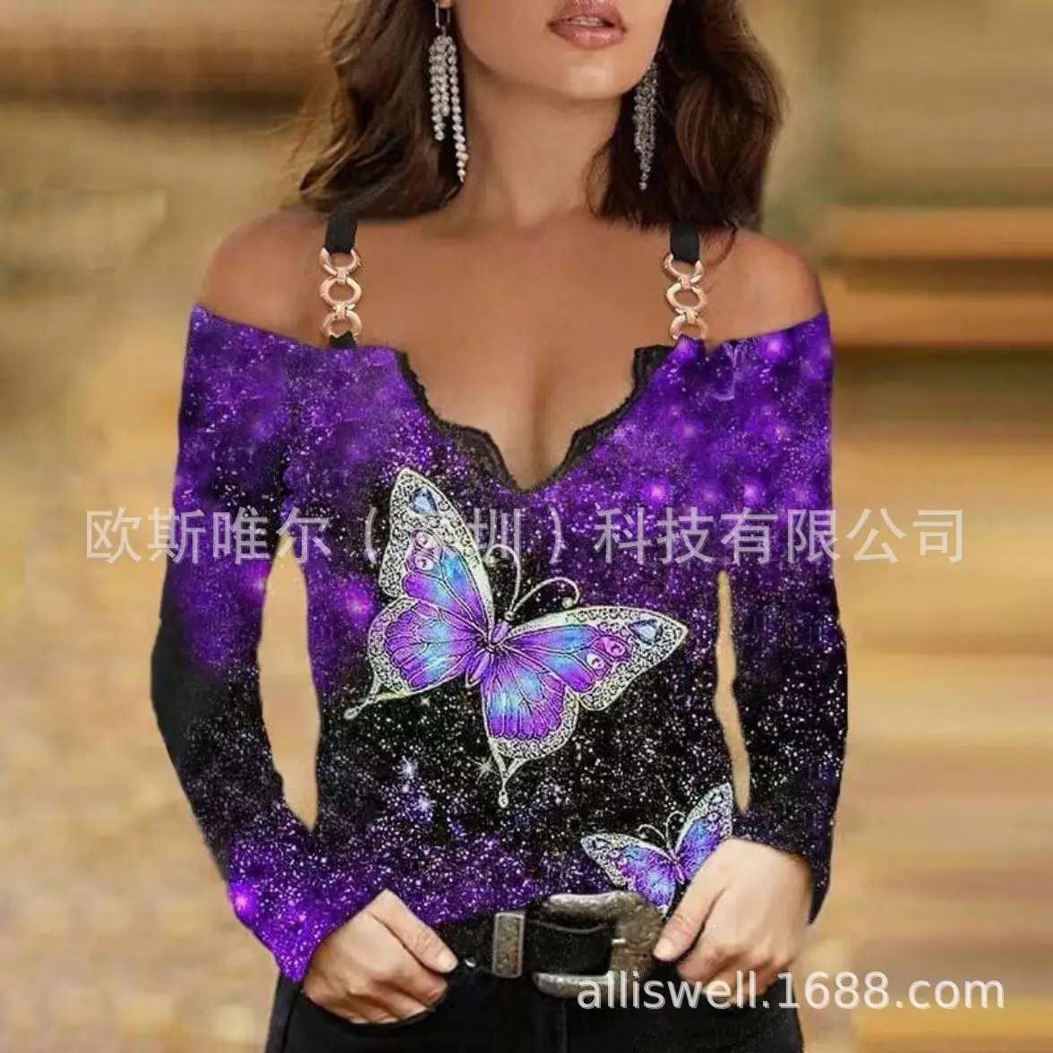 2023 V-Neck Long Sleeve Off-Shoulder Women's Top Purple Butterfly Print โ feature 37