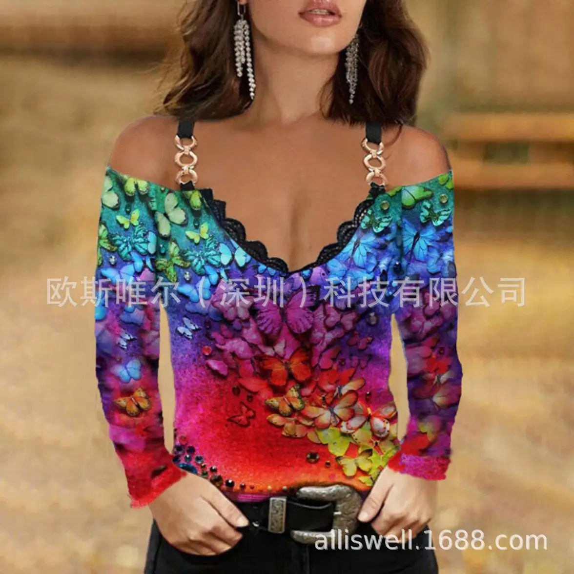 2023 V-Neck Long Sleeve Off-Shoulder Women's Top Purple Butterfly Print โ feature 38