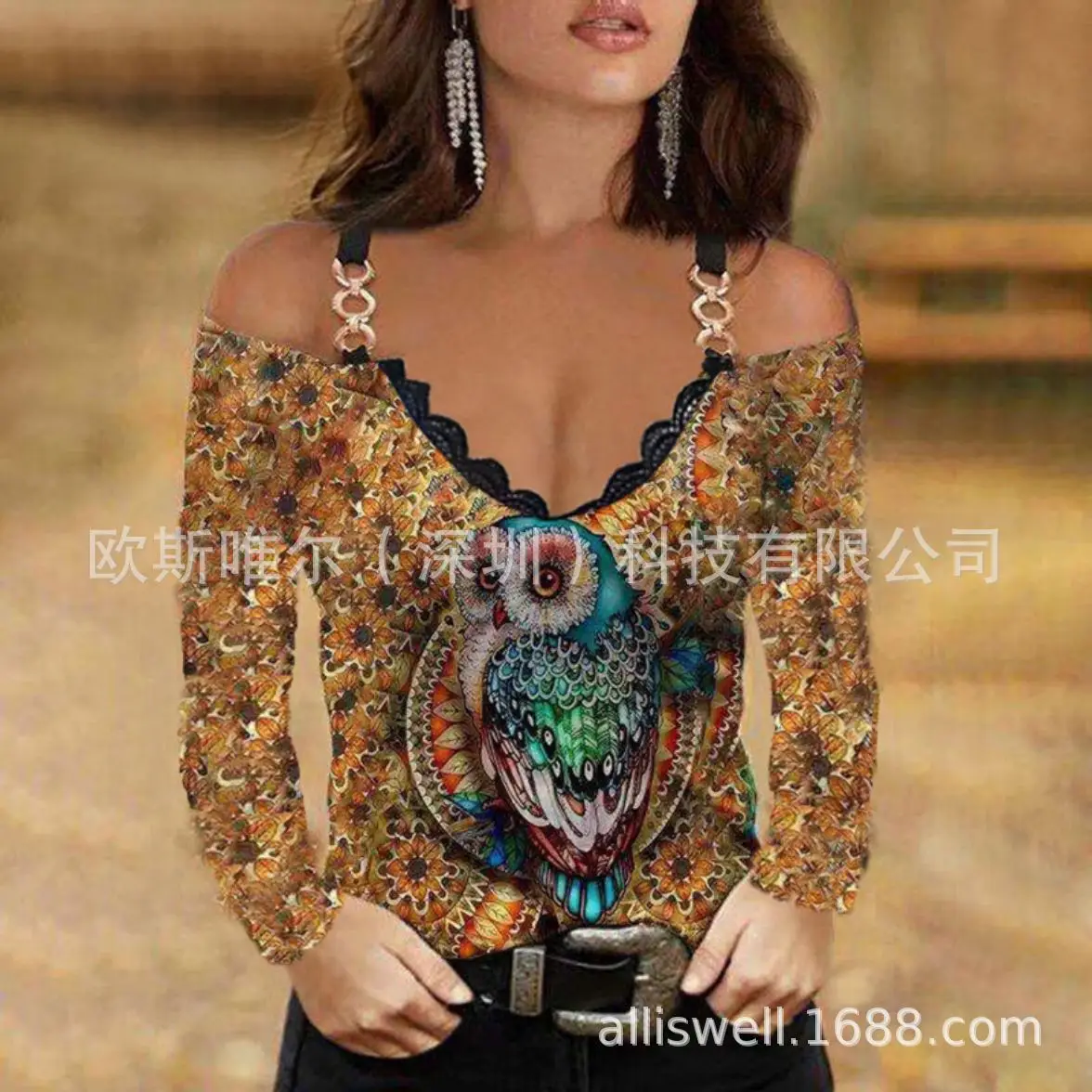 2023 V-Neck Long Sleeve Off-Shoulder Women's Top Purple Butterfly Print โ feature 39