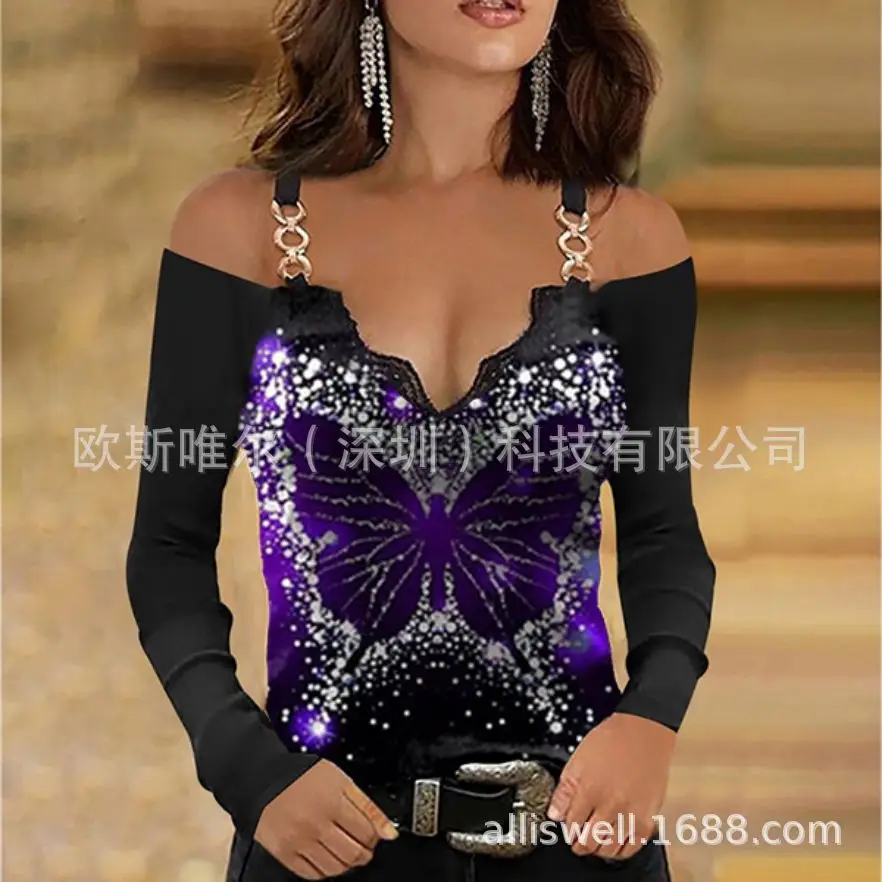 2023 V-Neck Long Sleeve Off-Shoulder Women's Top Purple Butterfly Print โ feature 41