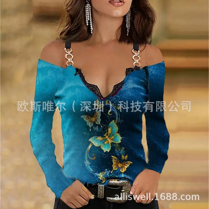 2023 V-Neck Long Sleeve Off-Shoulder Women's Top Purple Butterfly Print โ feature 42