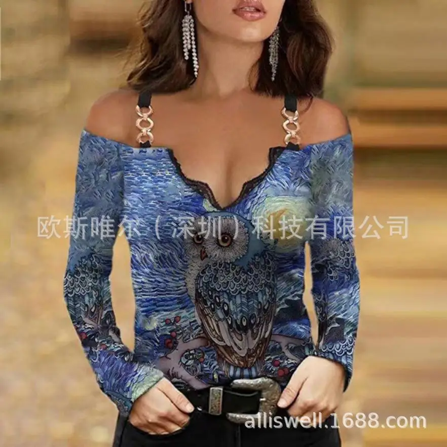 2023 V-Neck Long Sleeve Off-Shoulder Women's Top Purple Butterfly Print โ feature 44