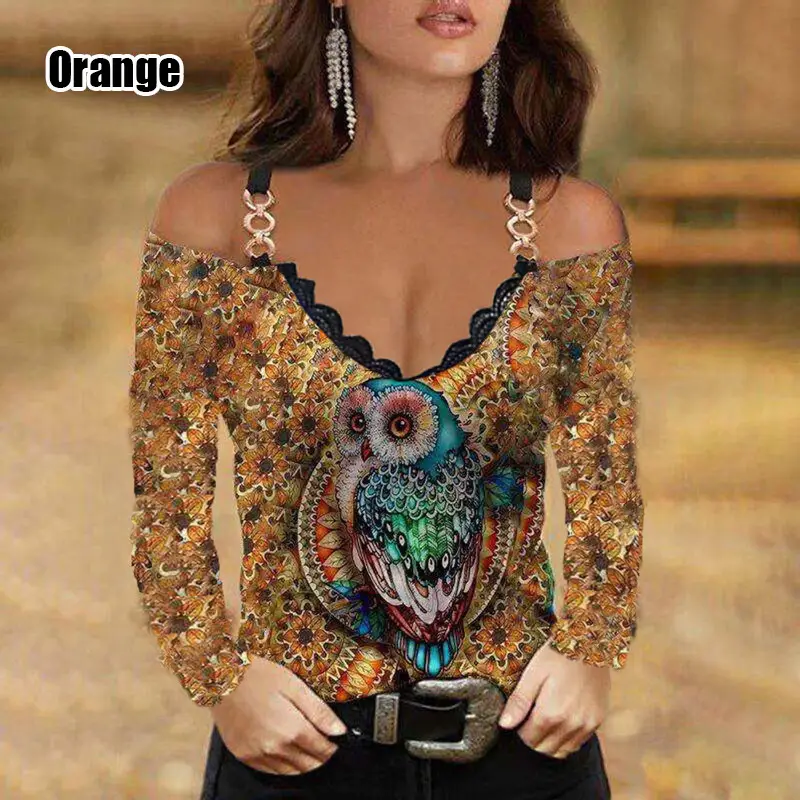 2023 V-Neck Long Sleeve Off-Shoulder Women's Top Purple Butterfly Print - Image 4