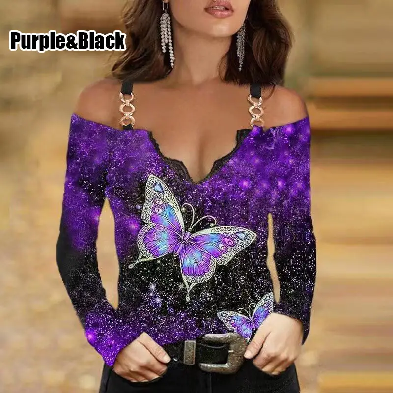2023 V-Neck Long Sleeve Off-Shoulder Women's Top Purple Butterfly Print - Image 5