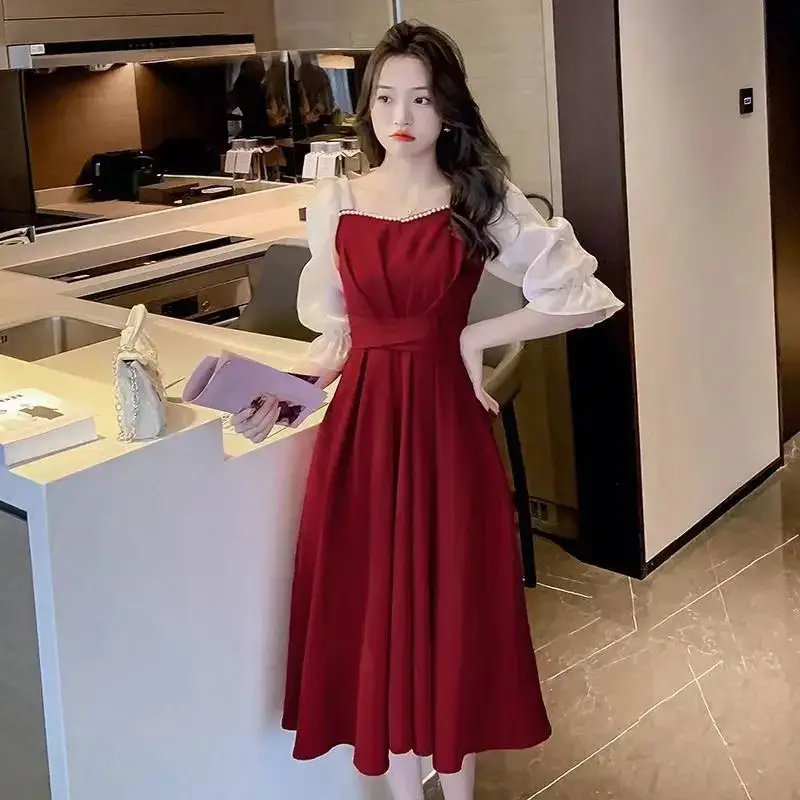 Women Korean Style Red Waist Trumpet Dress