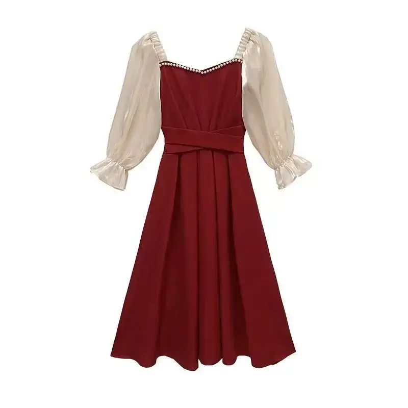 Women Korean Style Red Waist Trumpet Dress