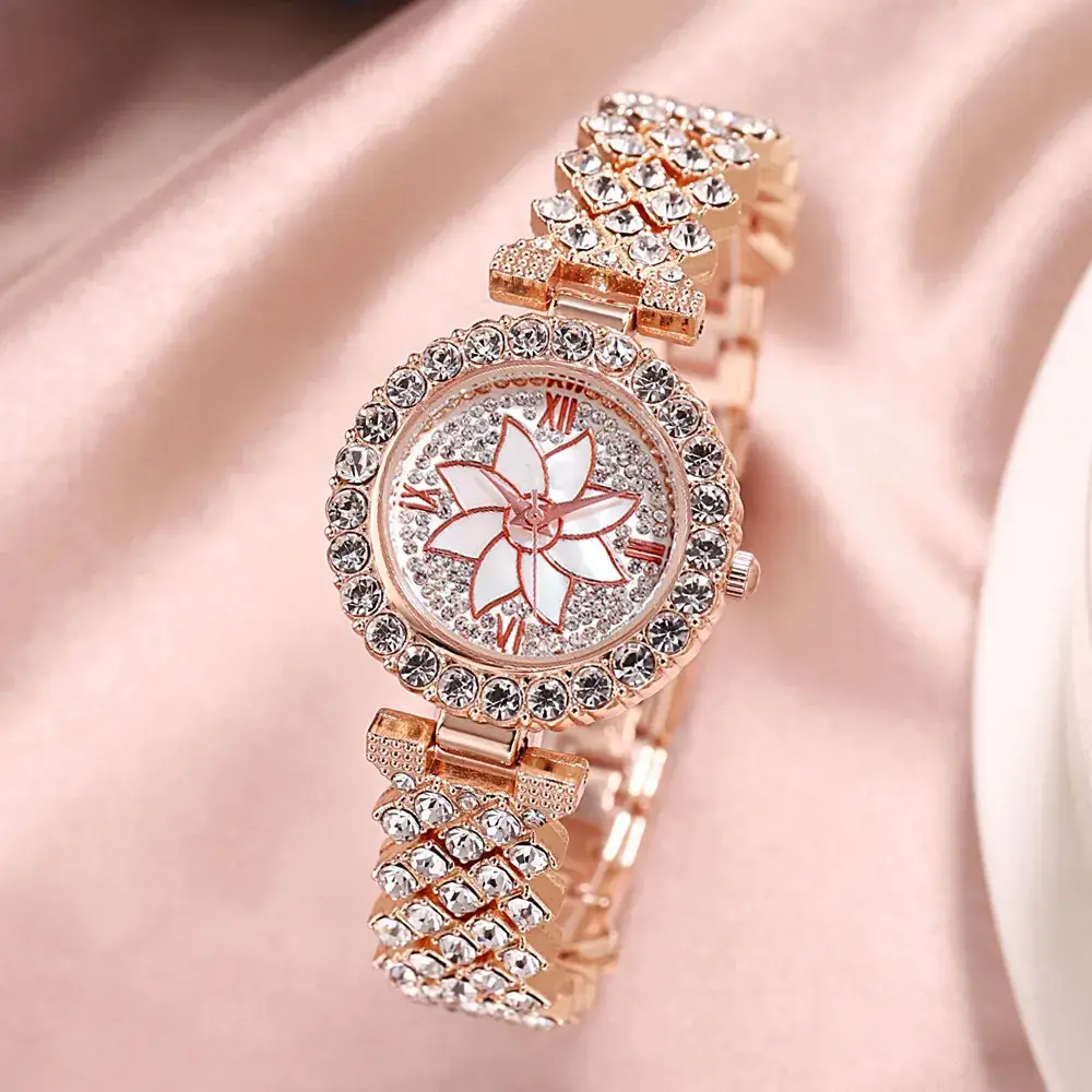 Luxury Rhinestone Women's Bracelet Watch Set Gold - Image 3
