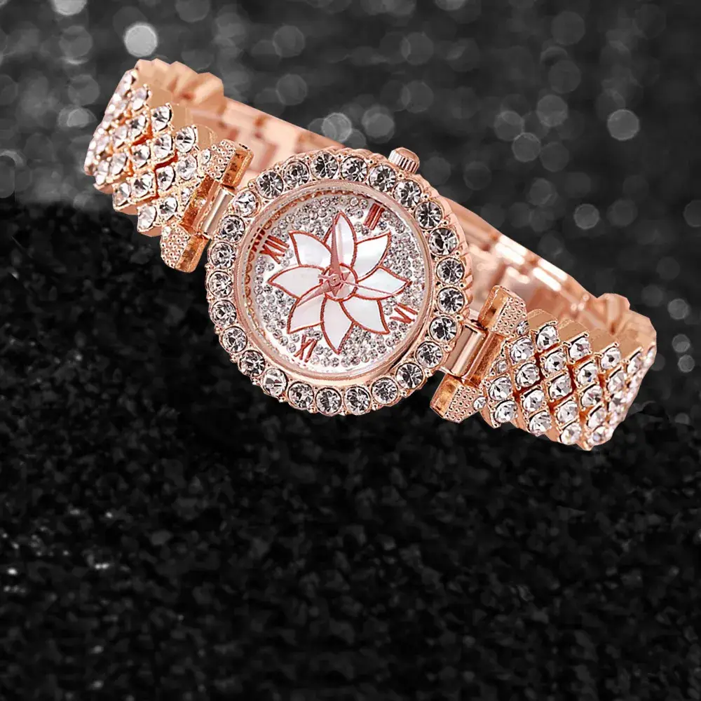 Luxury Rhinestone Women's Bracelet Watch Set Gold - Image 7