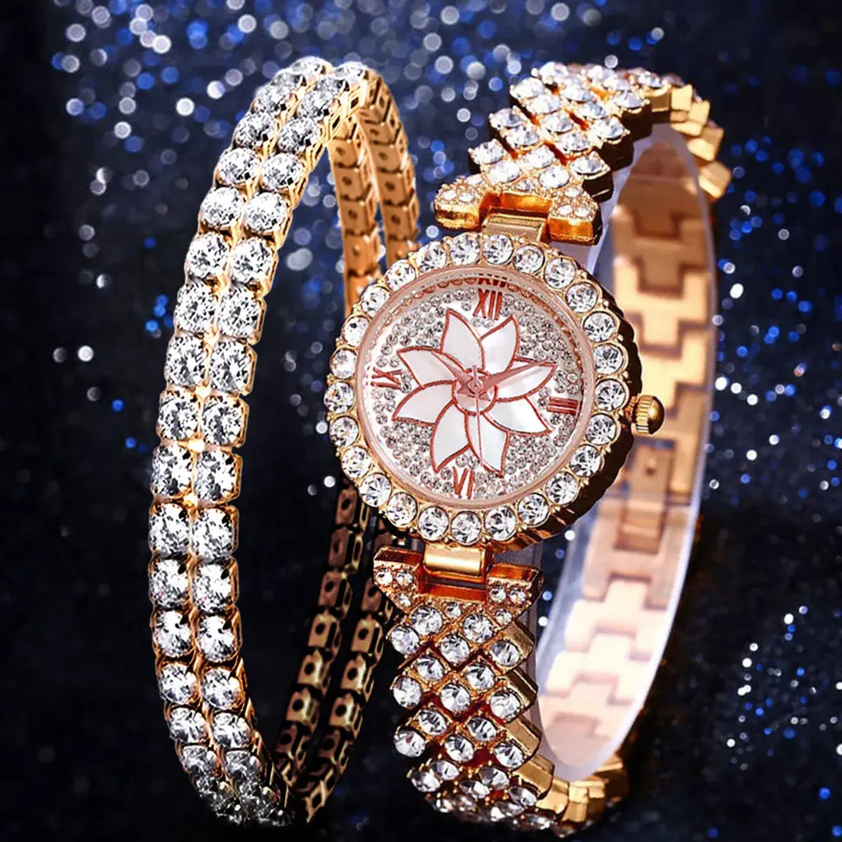 Luxury Rhinestone Women's Bracelet Watch Set Gold - Image 8