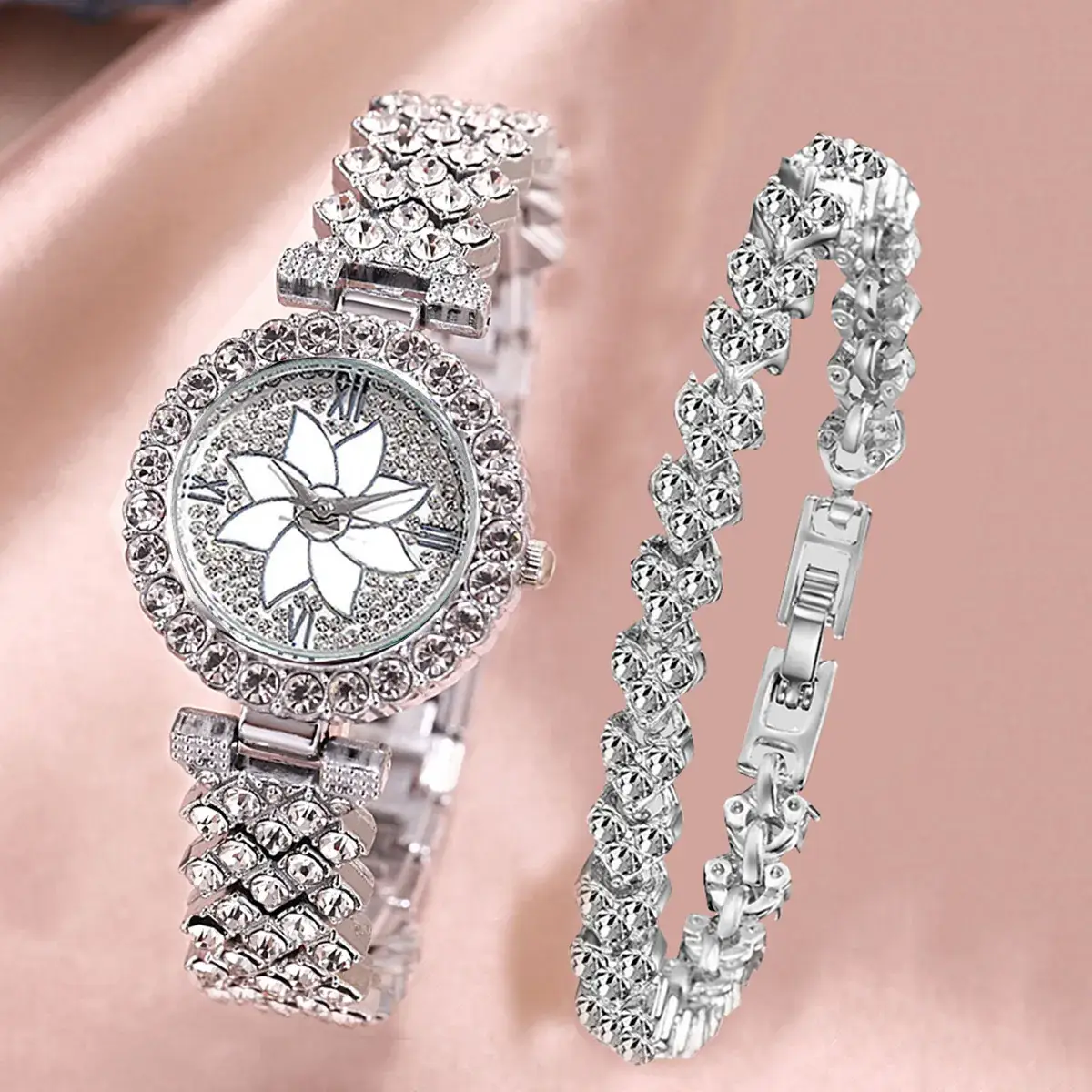 Luxury Rhinestone Women's Bracelet Watch Set Gold - Image 5