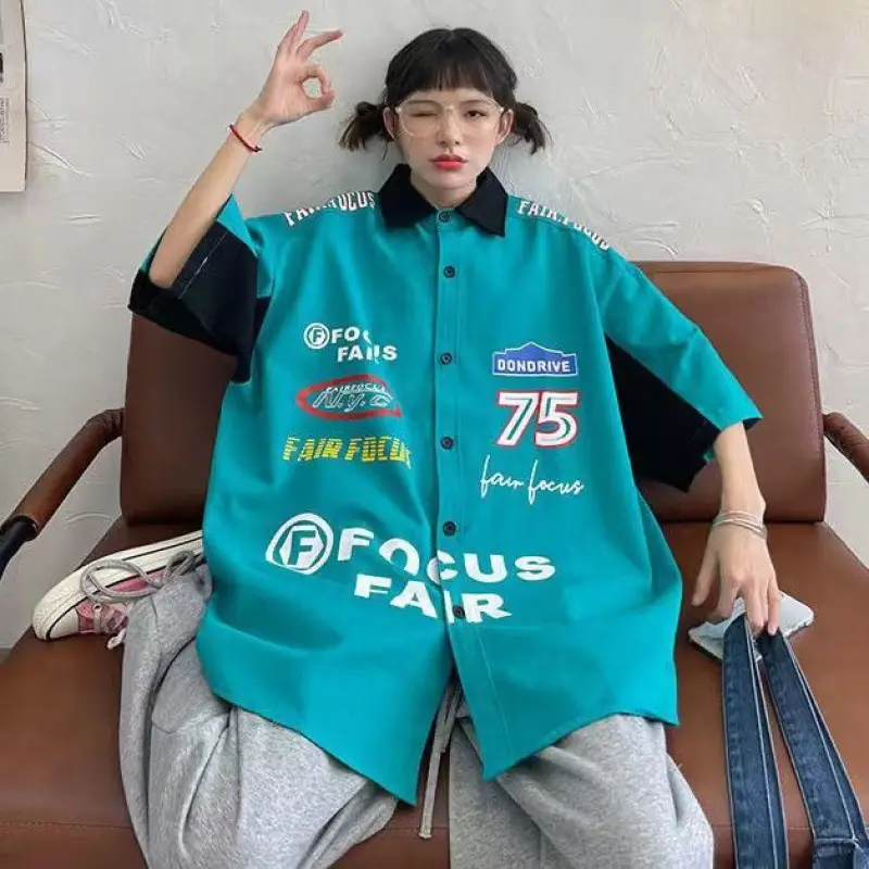 Women Printed Racing Shirt Blue Gray Pants Summer Wear