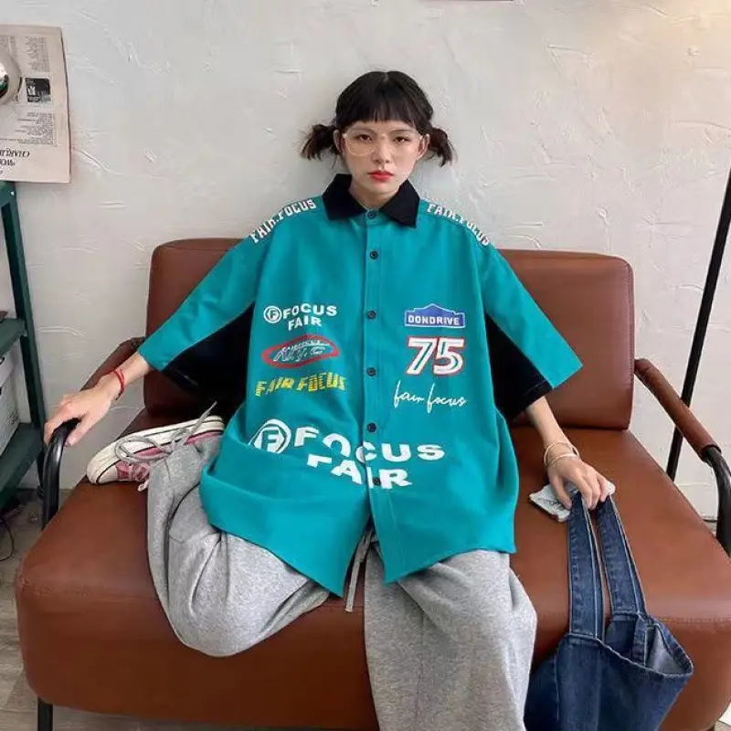 Women Printed Racing Shirt Blue Gray Pants Summer Wear