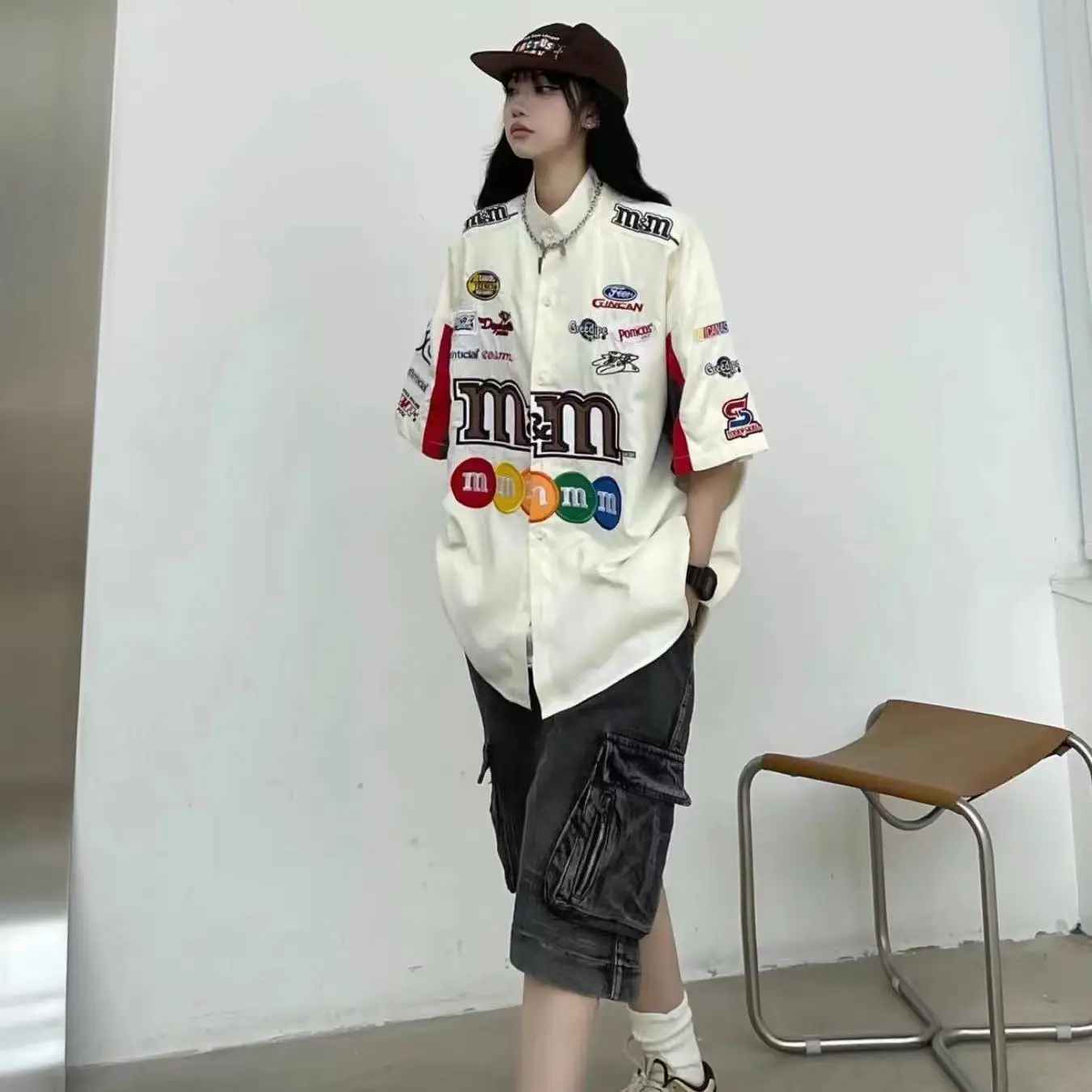 Women Printed Racing Shirt Blue Gray Pants Summer Wear