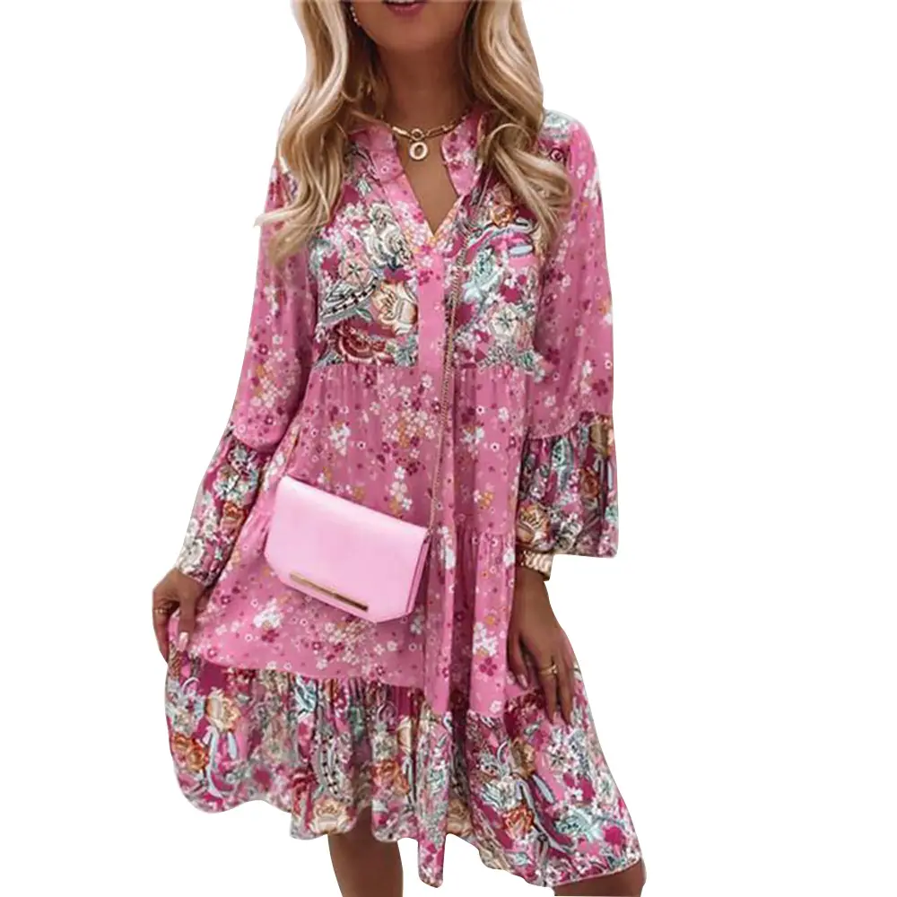 Pink Floral Plus Size V Neck Bell Sleeve Dress