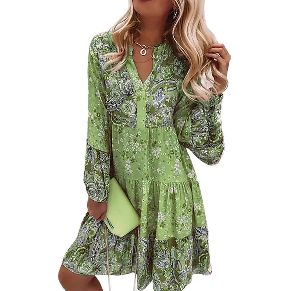 Pink Floral Plus Size V Neck Bell Sleeve Dress