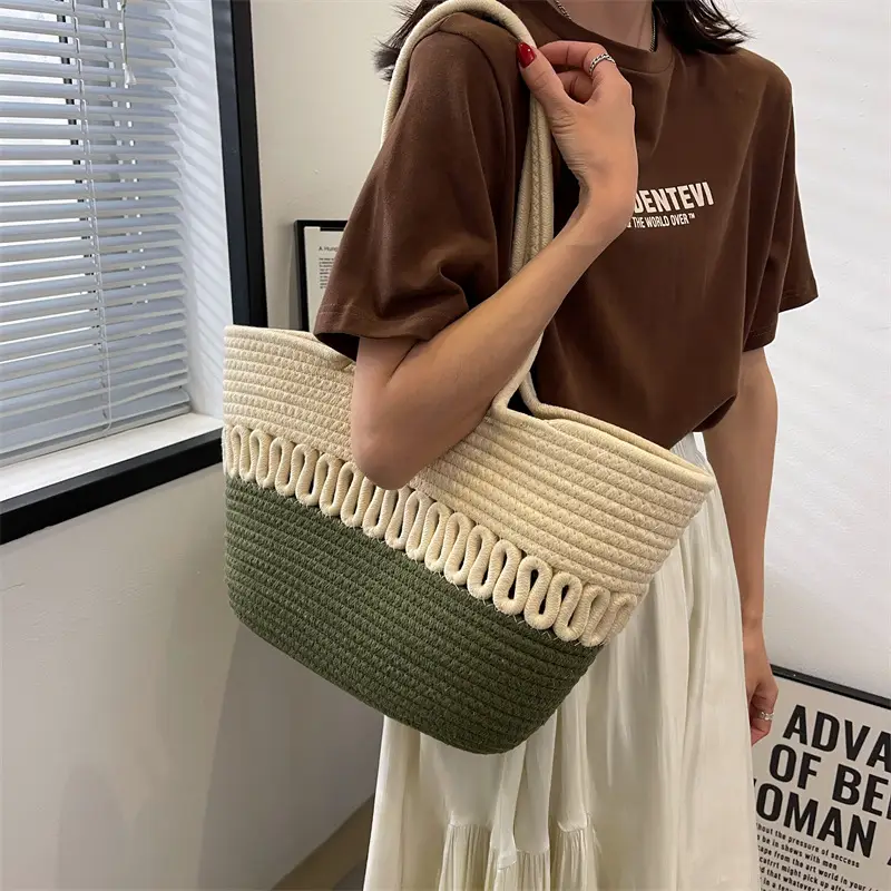 Women Straw Woven Bag Large Capacity Green Beige - Image 7