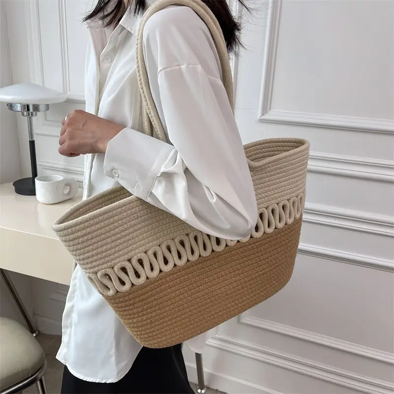 Women Straw Woven Bag Large Capacity Green Beige - Image 9
