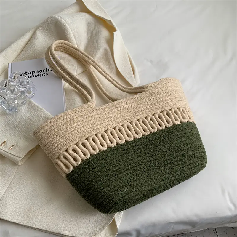 Women Straw Woven Bag Large Capacity Green Beige - Image 2