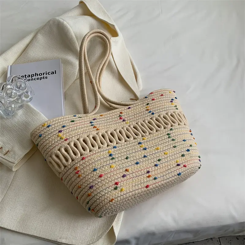 Women Straw Woven Bag Large Capacity Green Beige - Image 5