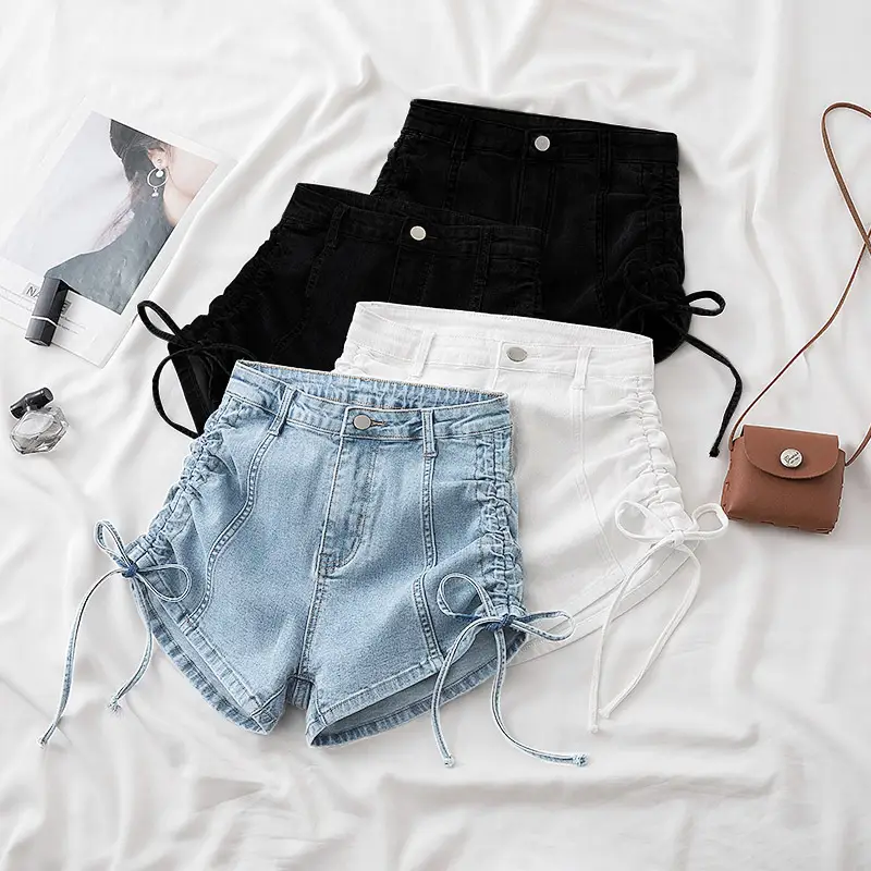 Women's White Drawstring High Waist Denim Shorts 2022 - Image 8