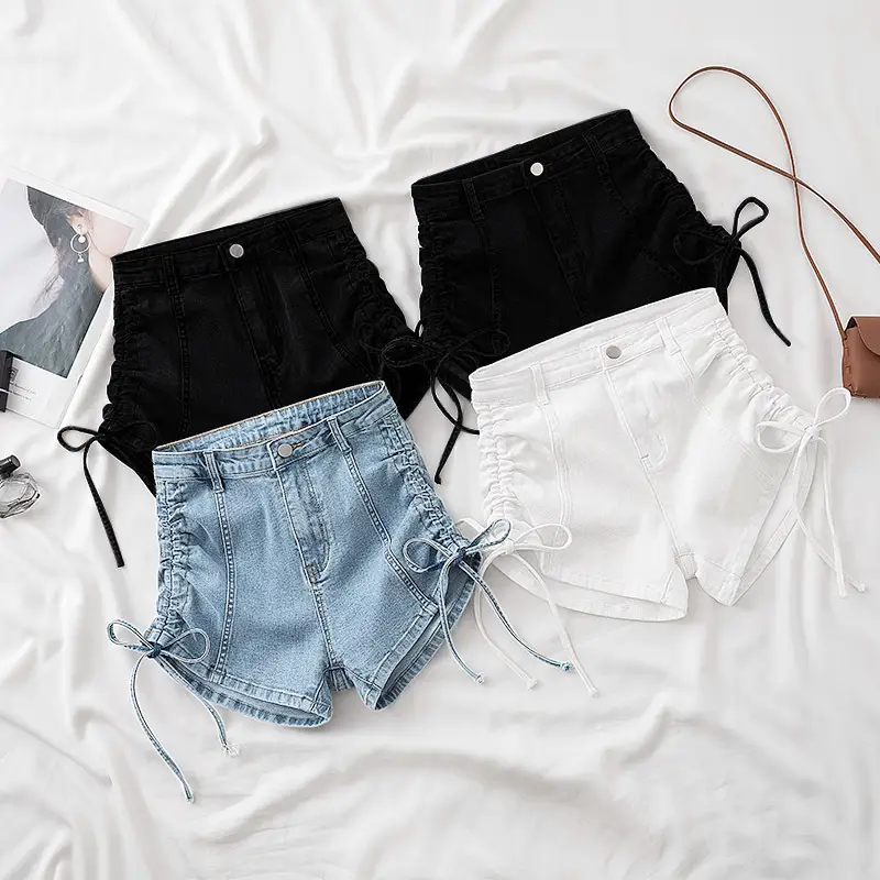 Women's White Drawstring High Waist Denim Shorts 2022 - Image 9