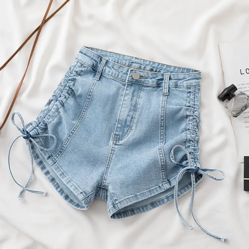 Women's White Drawstring High Waist Denim Shorts 2022 - Image 3