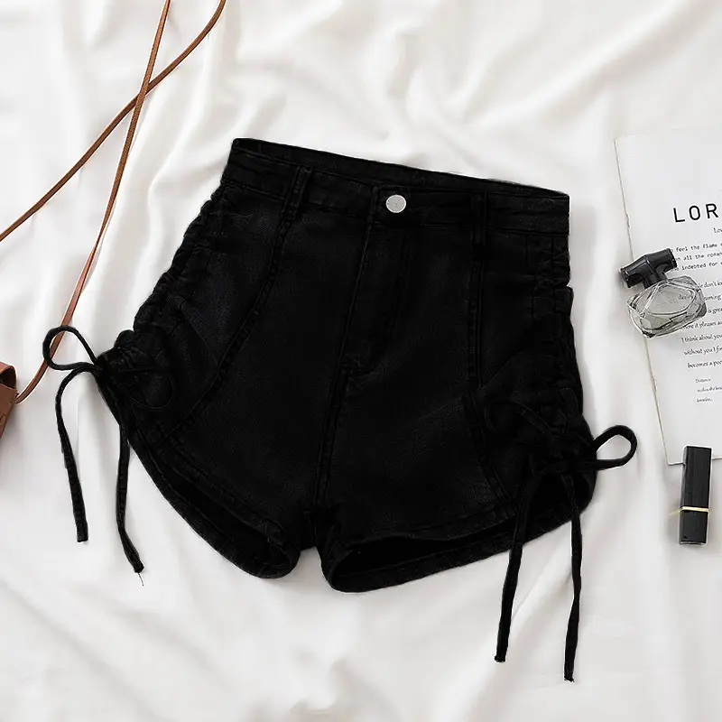 Women's White Drawstring High Waist Denim Shorts 2022 - Image 2