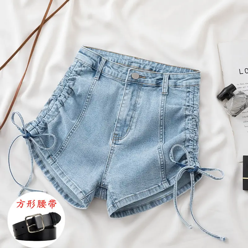 Women's White Drawstring High Waist Denim Shorts 2022 - Image 4
