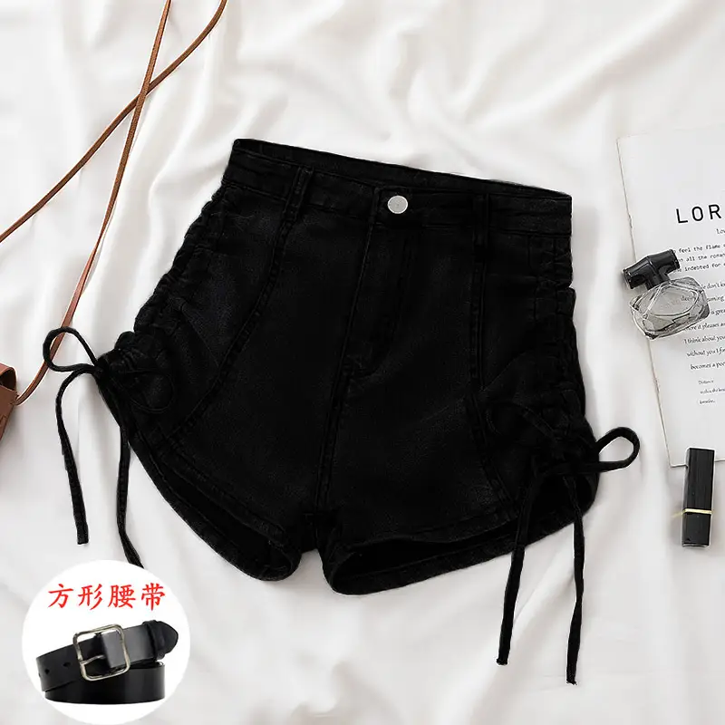 Women's White Drawstring High Waist Denim Shorts 2022 - Image 5