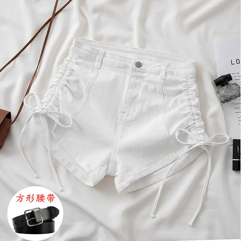 Women's White Drawstring High Waist Denim Shorts 2022 - Image 6