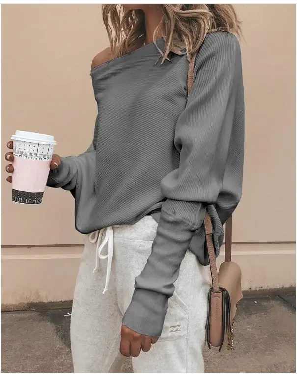 Women One-Off-Shoulder Raglan Sleeve Sweater Short Pants Set