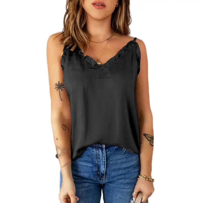 Women Ruffled Camisole Top Grey Chiffon Summer Top - Image 4