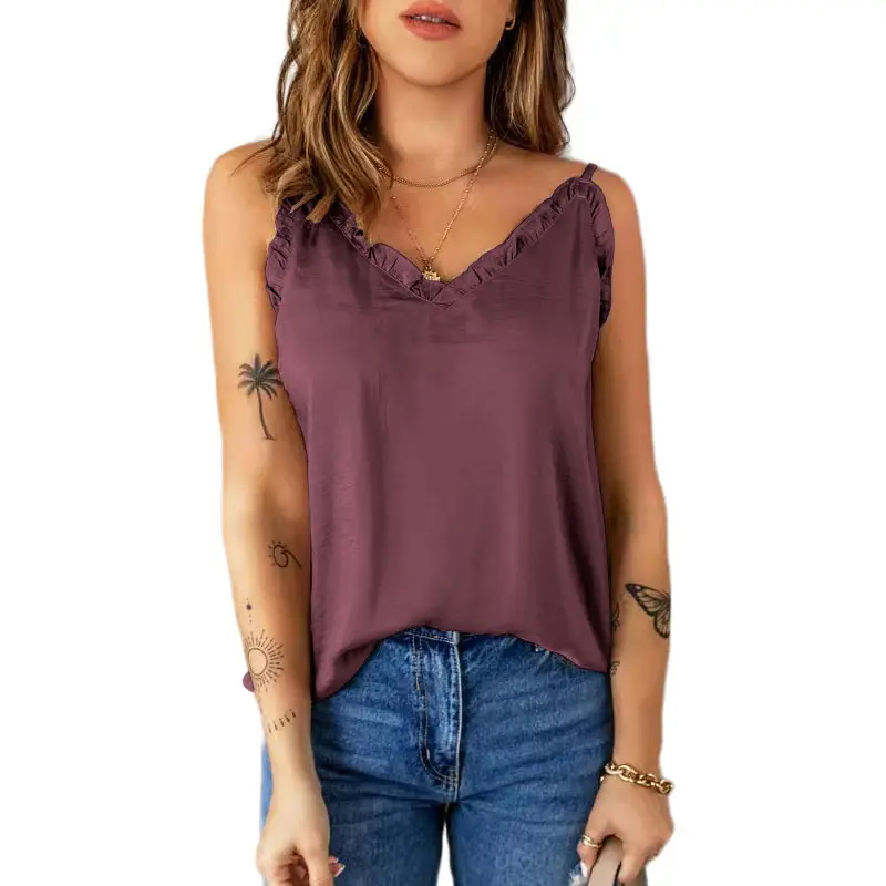 Women Ruffled Camisole Top Grey Chiffon Summer Top - Image 5