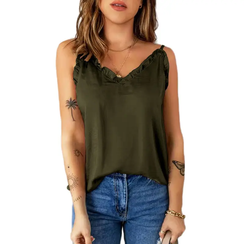 Women Ruffled Camisole Top Grey Chiffon Summer Top - Image 6