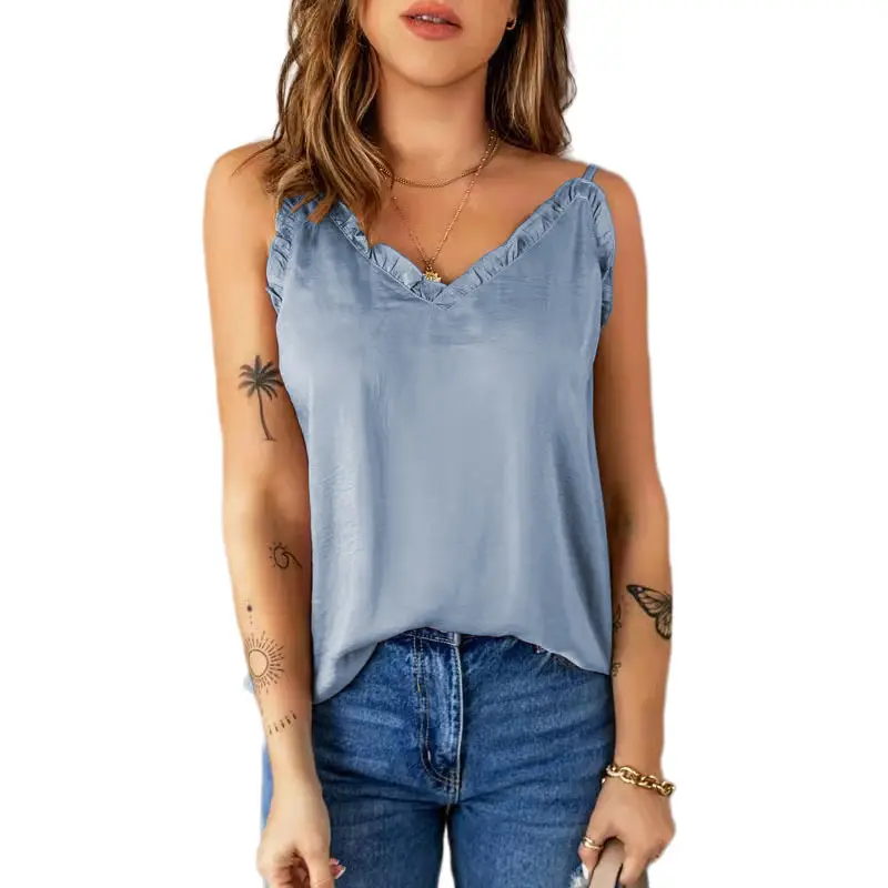 Women Ruffled Camisole Top Grey Chiffon Summer Top - Image 7