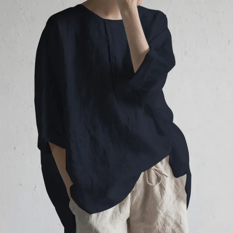 Black Round Neck Linen T-Shirt with Back Fork Half Sleeve