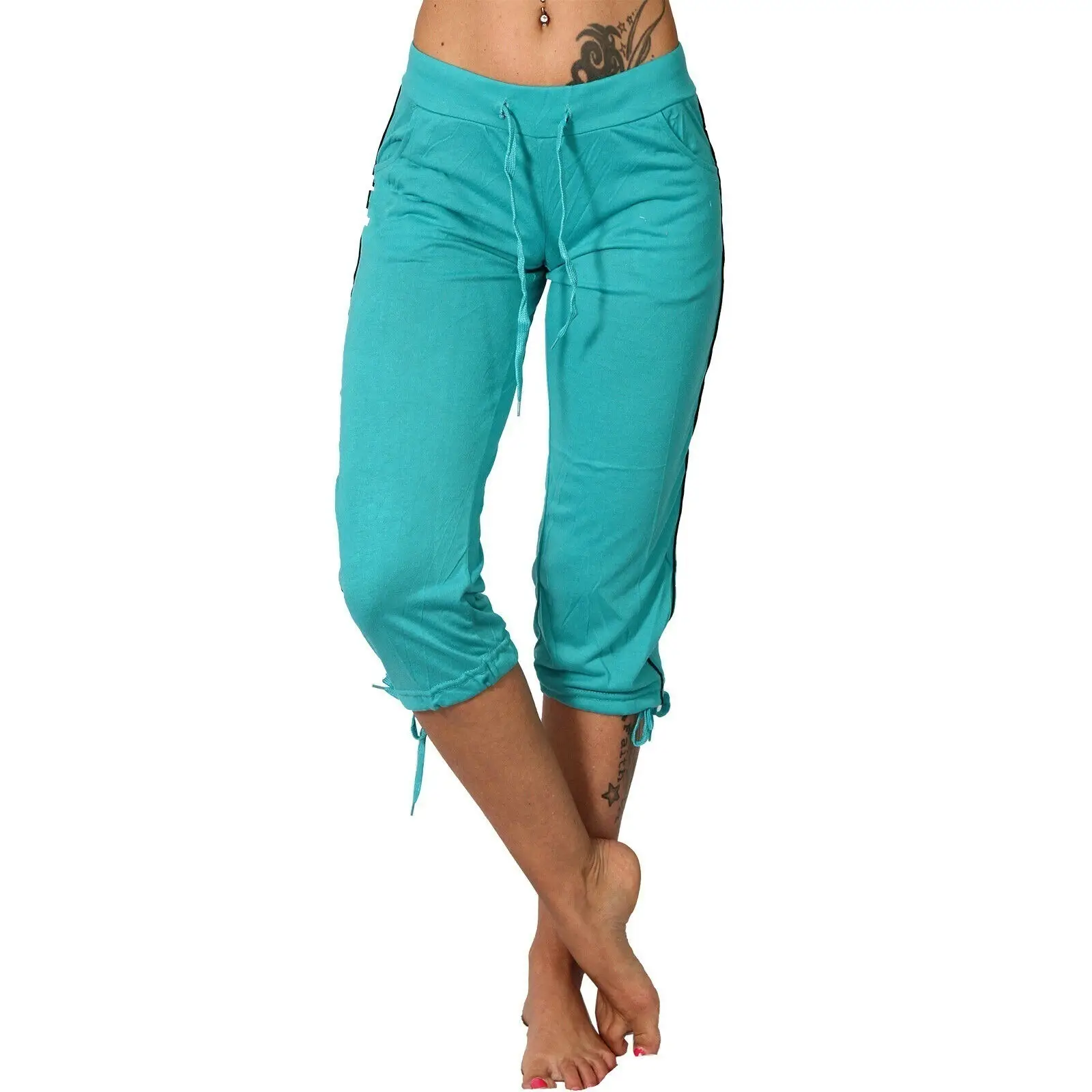 Women's Turquoise Drawstring Leggings Cropped Mid Waist