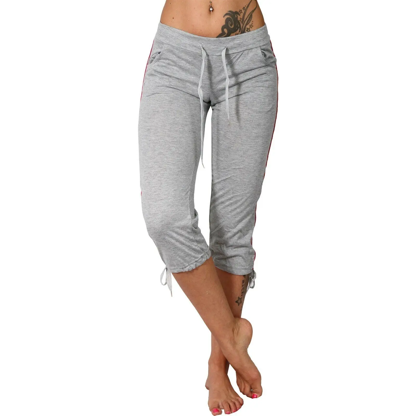 Women's Turquoise Drawstring Leggings Cropped Mid Waist