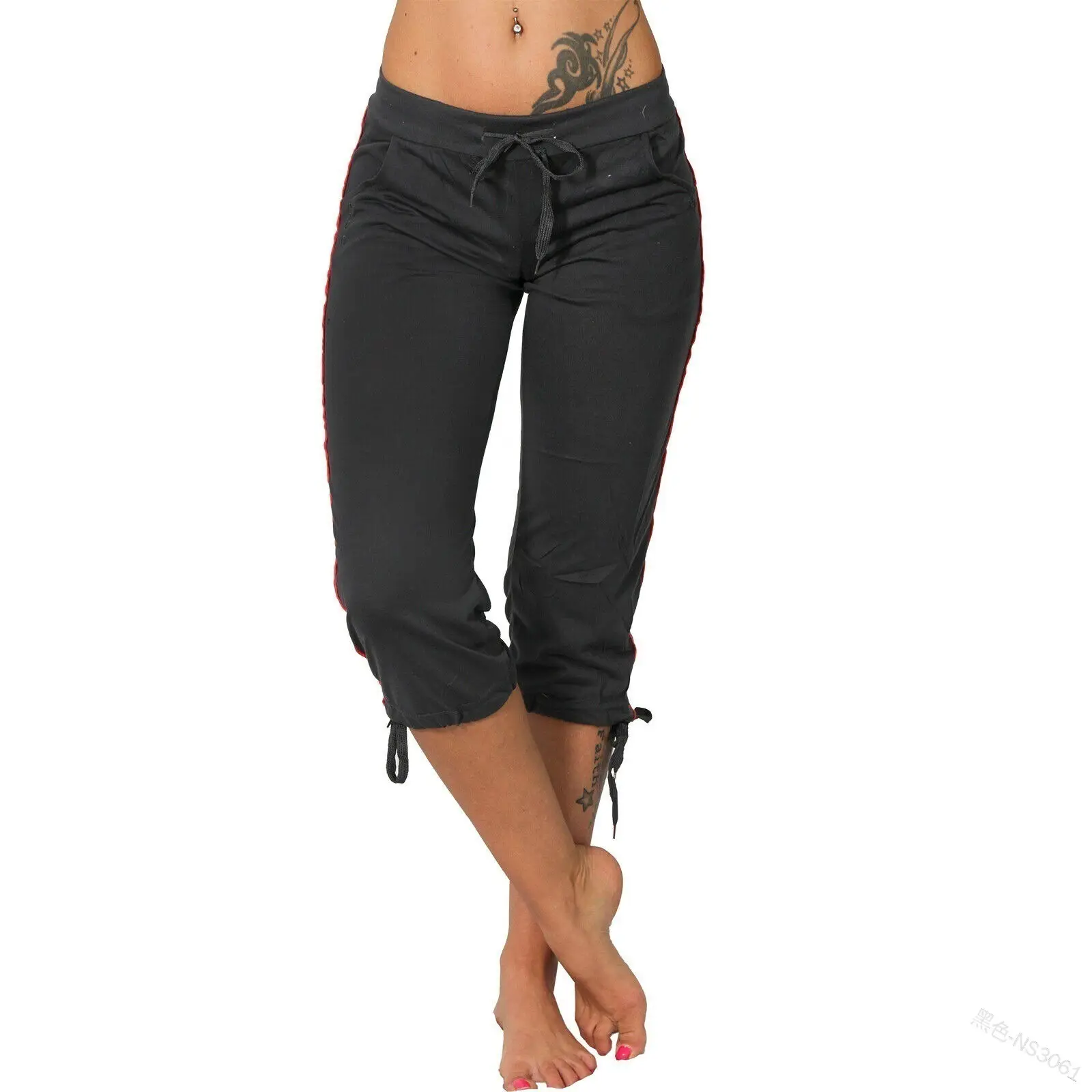 Women's Turquoise Drawstring Leggings Cropped Mid Waist