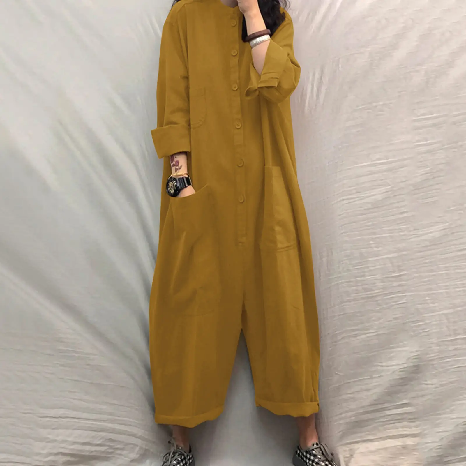 Women's Multi-Pocket Button Jumpsuit Brown - Image 6