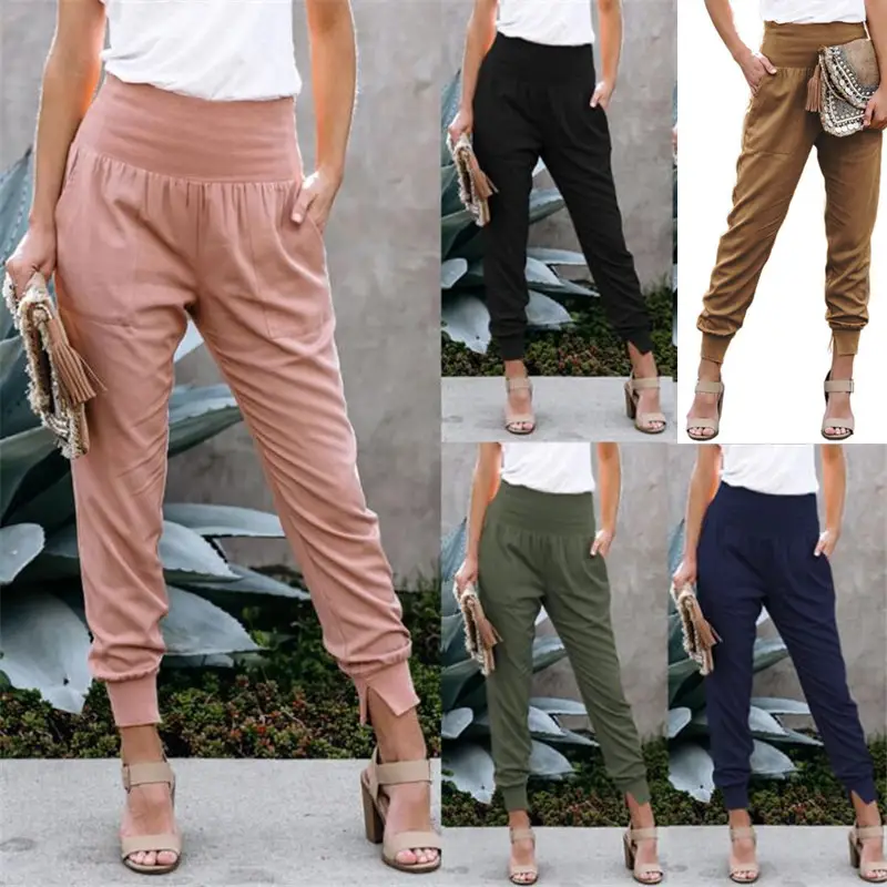 Women's Brown Elastic Waist Cropped Pants with Split Pattern - Image 3